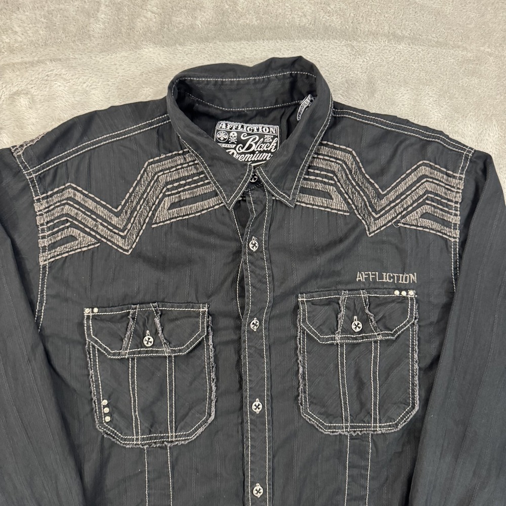 Affliction Shirt Mens XL Black Premium Buckle Western Cowboy Embroidered Stretch - Picture 10 of 16